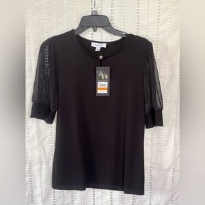 Nine West Black Fitted Ribbed Short Sleeve Blouse NWT Size Small